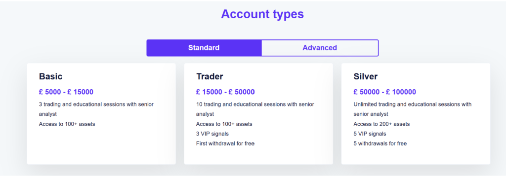 cw-management account types showing Basic, Trader, and Silver tiers